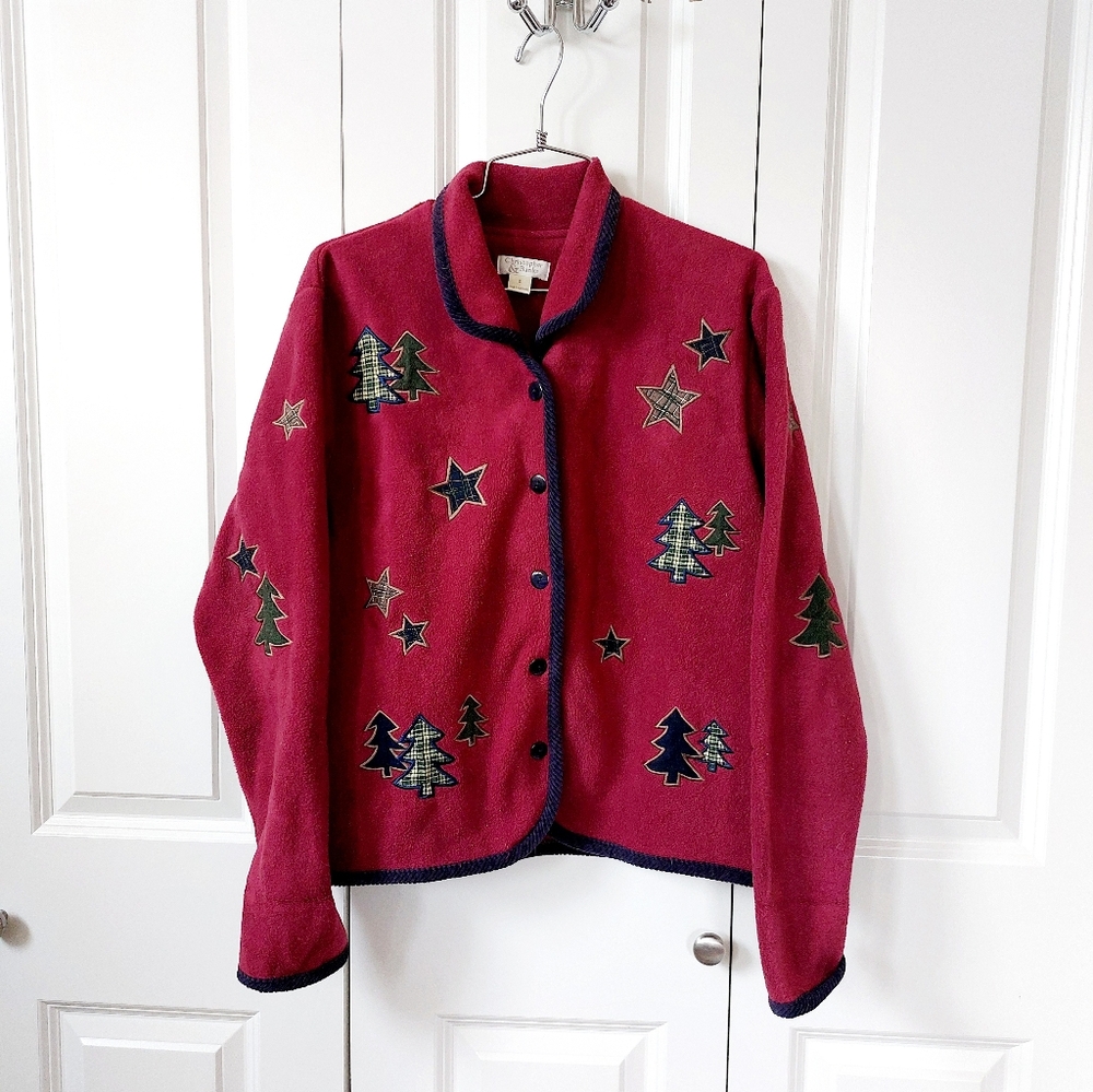 Red Fleece Jacket with Plaid Christmas Trees Small Christopher & Banks Sweater‎